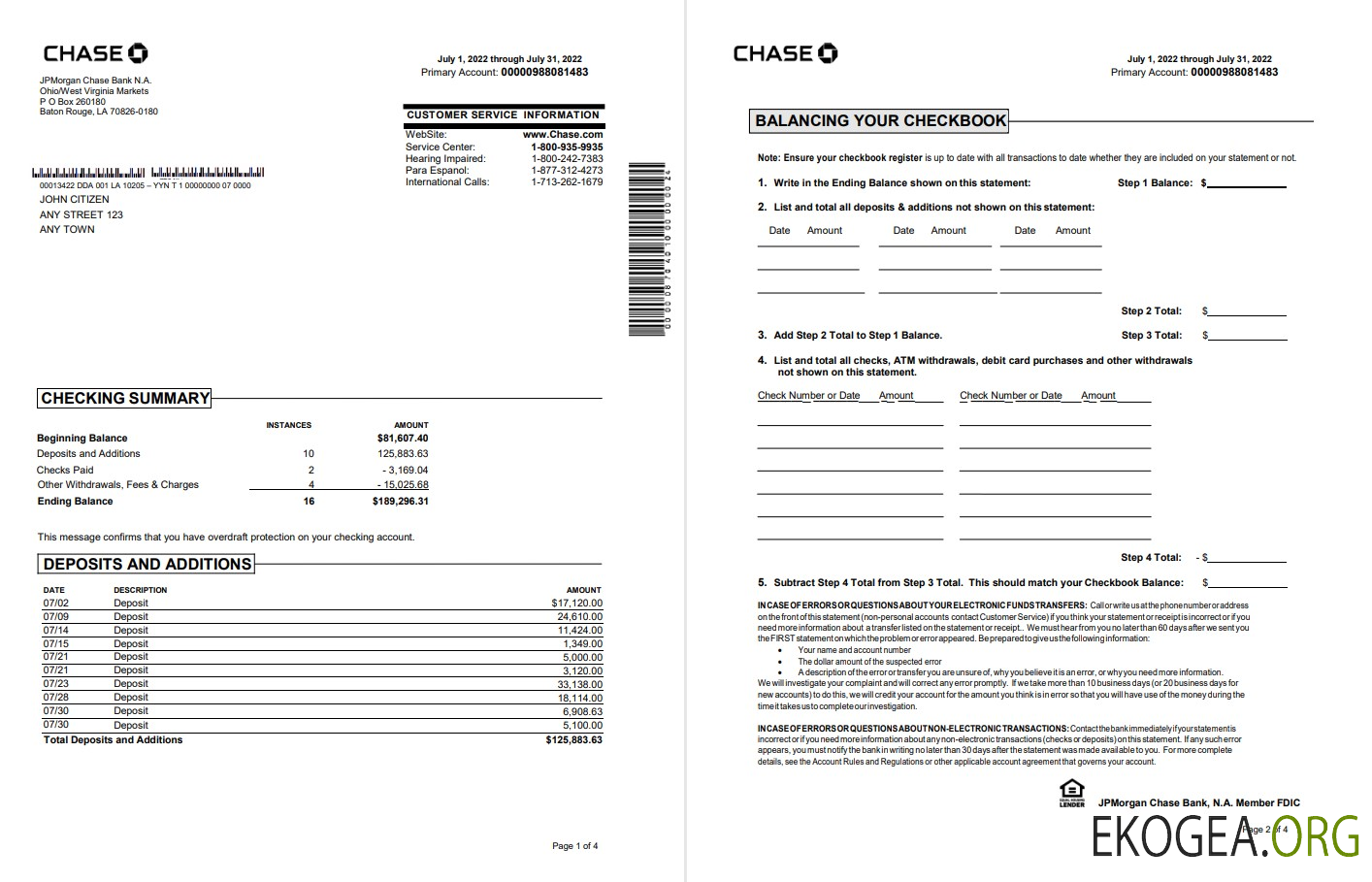 Modèle Word et PDF de relevé bancaire USA Chase, 4 pages